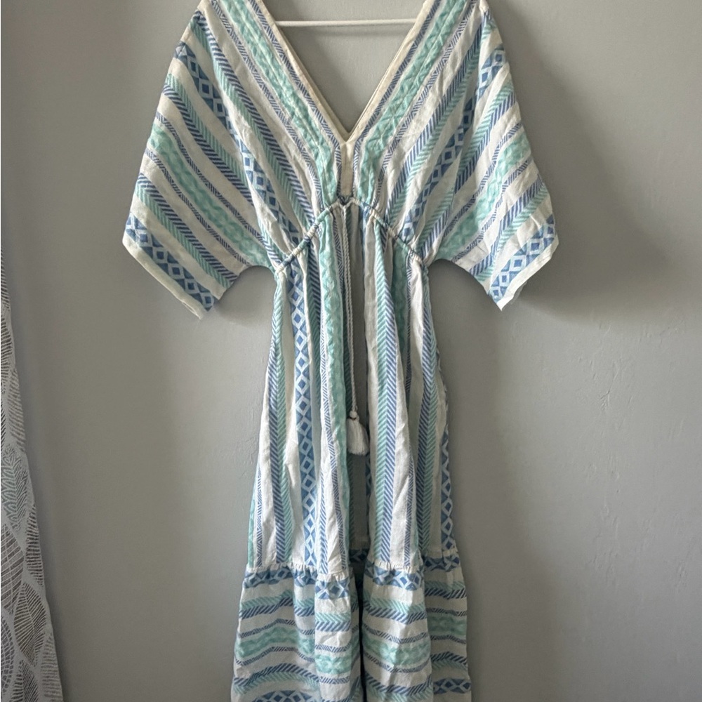 Striped Boho V-Neck cover up  Dress in Light Blue and Mint